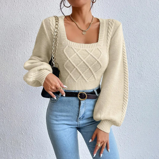 Knit Square Collar Puff Long Sleeve Sweater