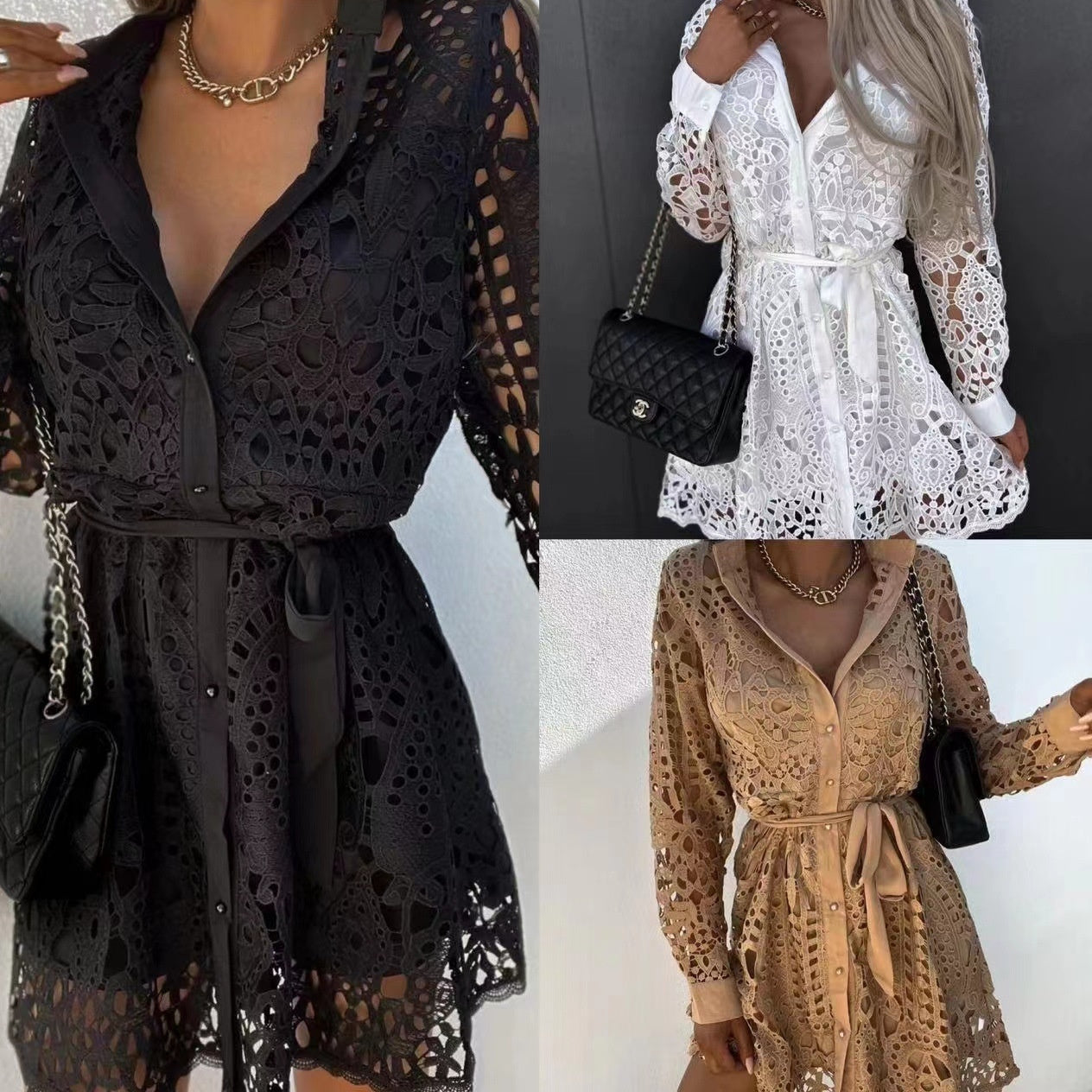 Lace Belted Long-sleeve Mini Dress