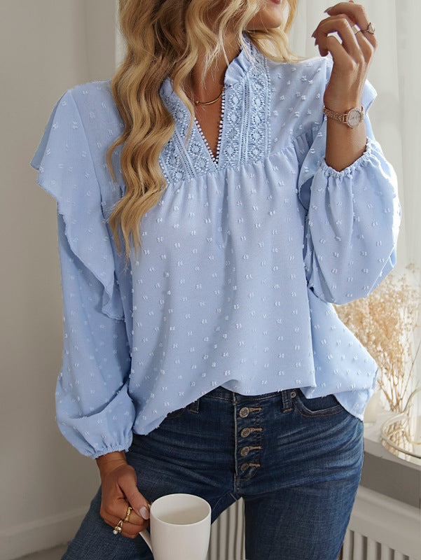 Ruffled Lantern Sleeve Lace Panel Shirt Top