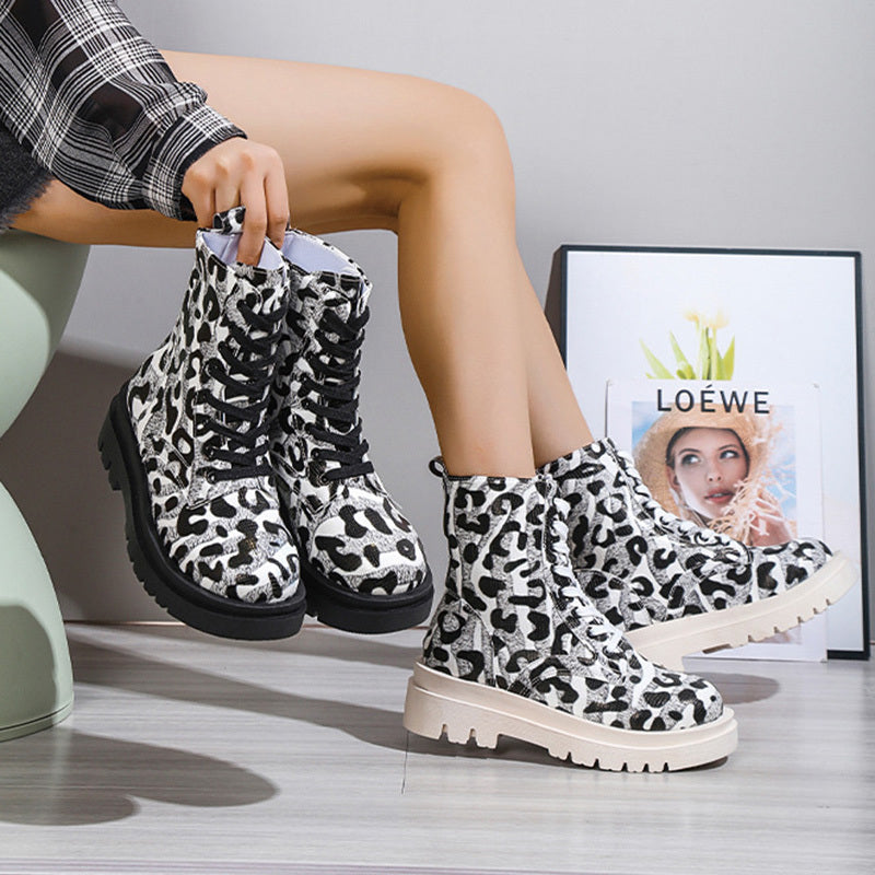 Black White Leopard Print Low Heel Boots