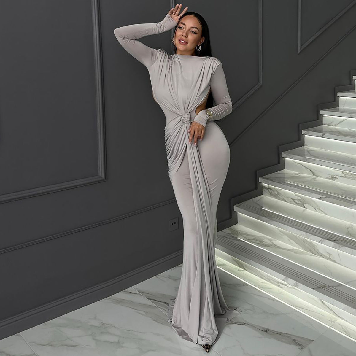 Pleated Hollow Backless Long-sleeve Maxi Dress