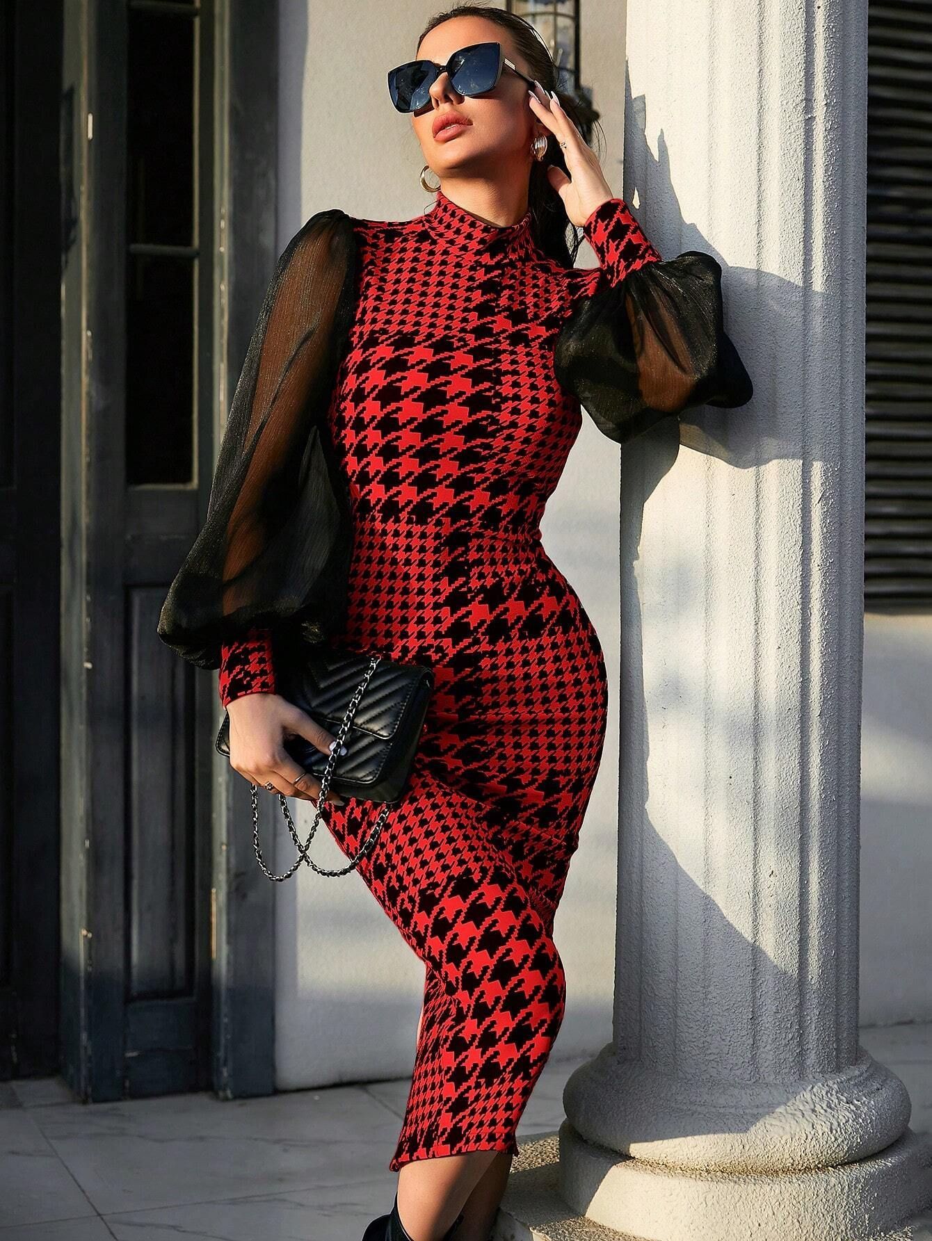 Plaid Puff Mesh Long Sleeve Dress
