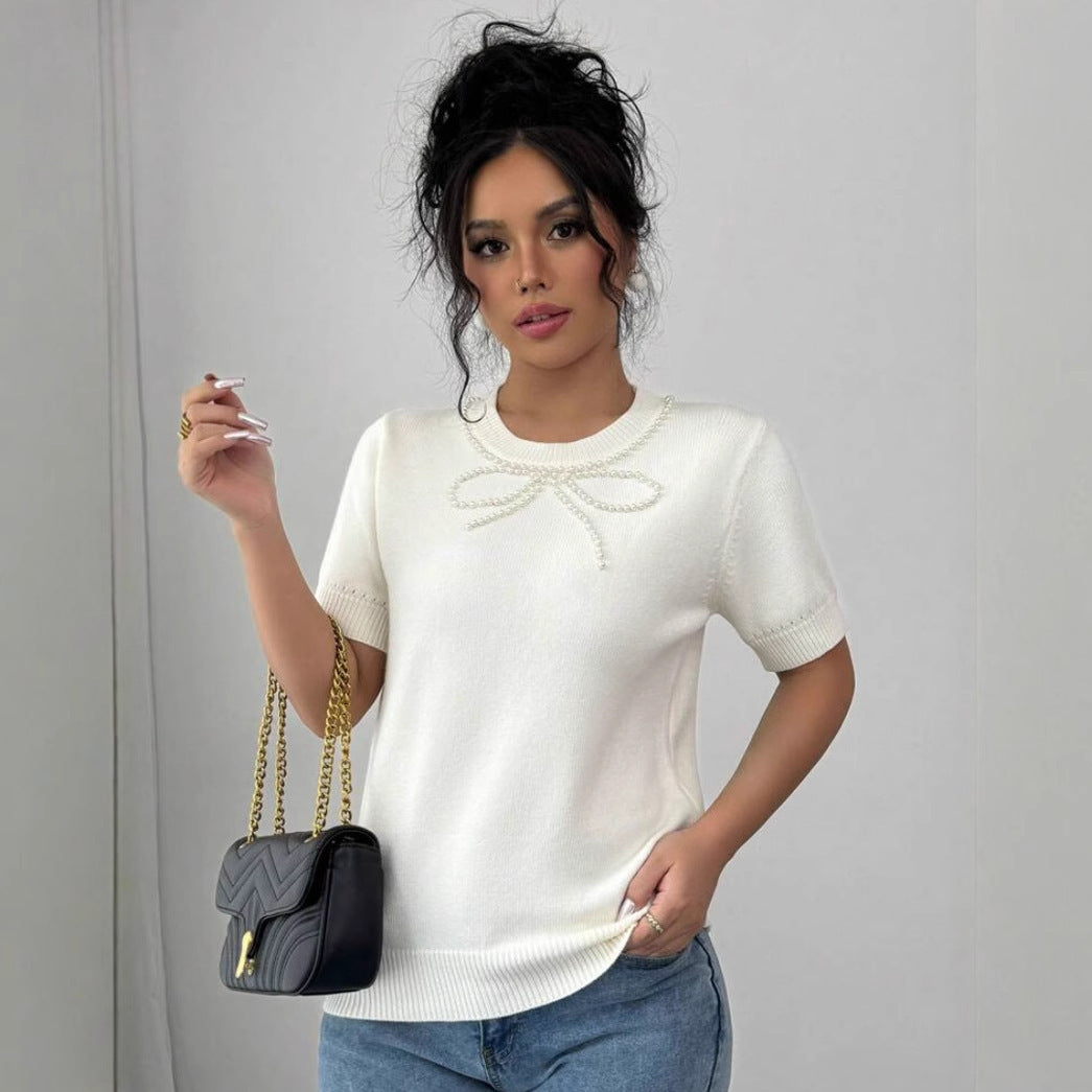 Rhinestone Bow Short Sleeve Slim Top