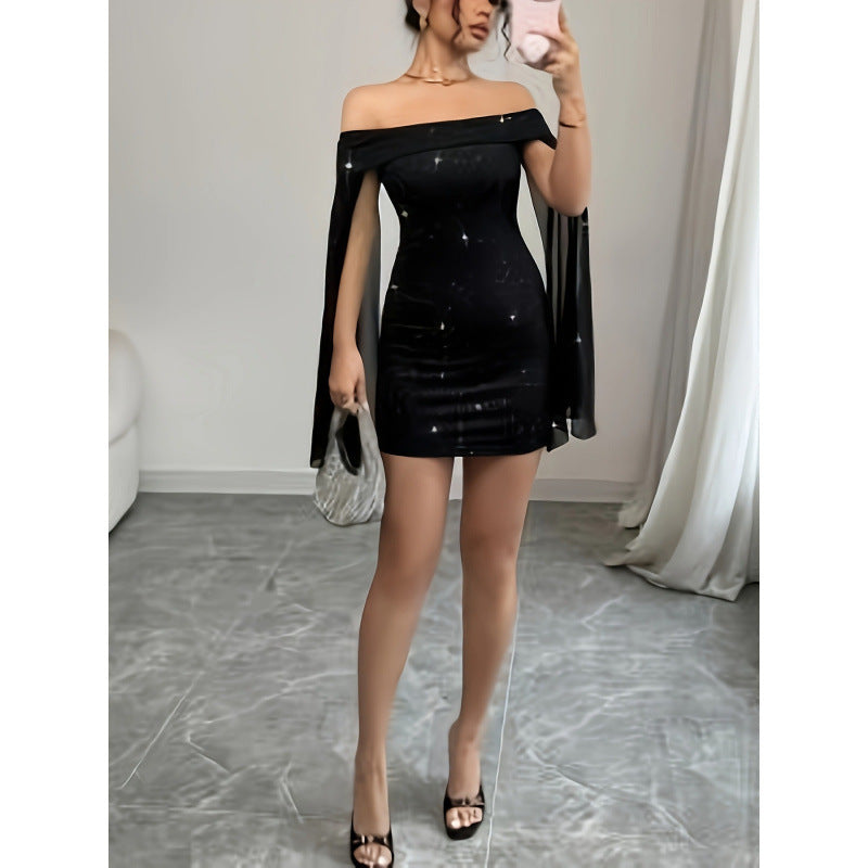 Diamante Off-the-shoulder Flared Long-sleeve Mini Dress