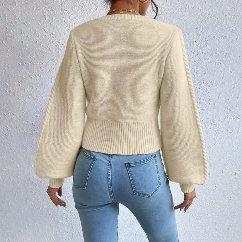 Knit Square Collar Puff Long Sleeve Sweater