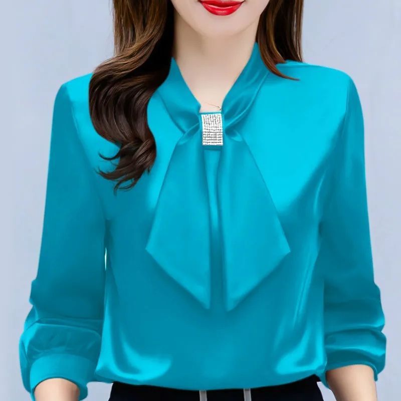 Satin V-Neck Bow Diamante Long Sleeve Blouse