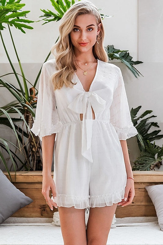 Bow Tie Hollow Lace-trim Shorts Jumpsuit