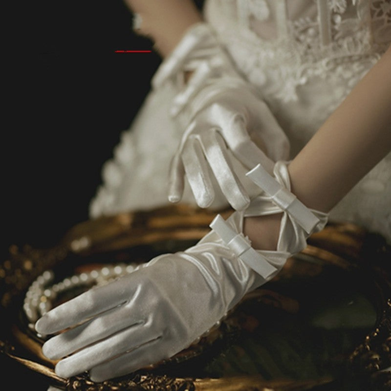Satin Pearl Lace Bow Short Gloves