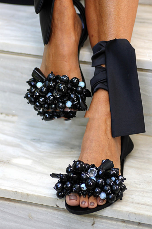 Pearl Tie Bow Flat Sandals