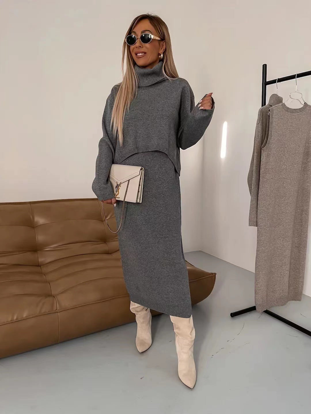 Knit Turtleneck Long-sleeve Sweater And Long Skirt Two-piece Suit