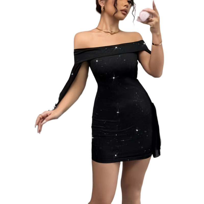Diamante Off-the-shoulder Flared Long-sleeve Mini Dress