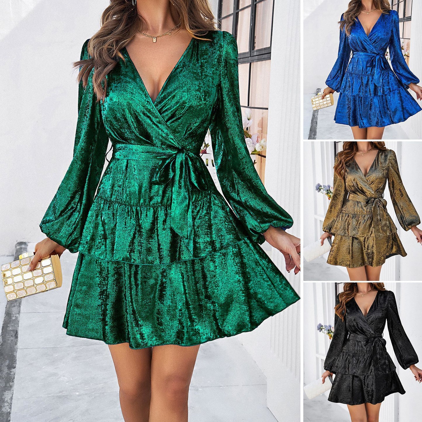 Satin Ruffle Wrap Belted Short Long Sleeve Dress
