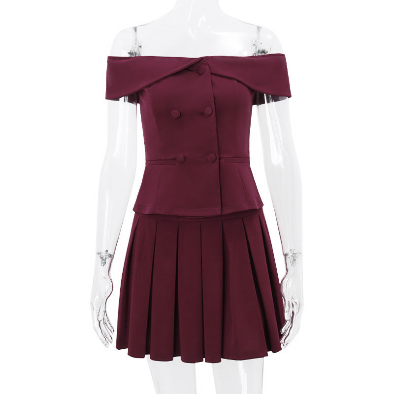 Off The Shoulder Double-breasted Top And Pleated Skirt Two-piece Suit