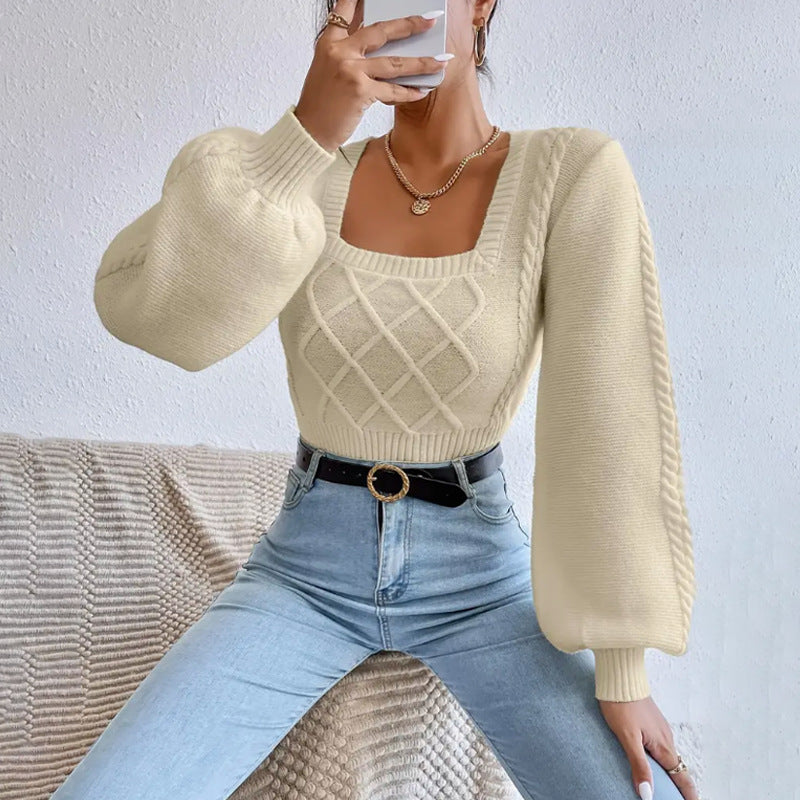 Knit Square Collar Puff Long Sleeve Sweater