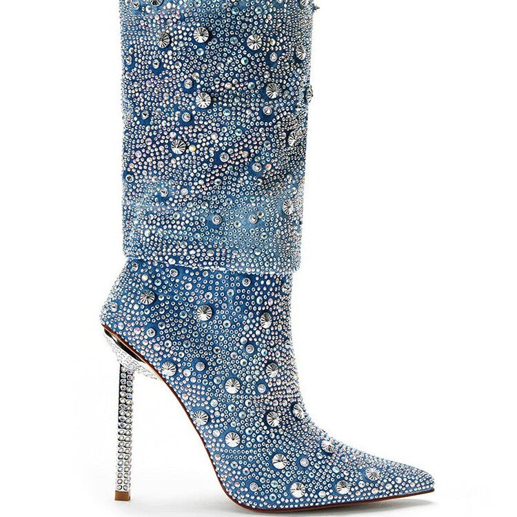 Jewel Embroided Denim High Heel Boots