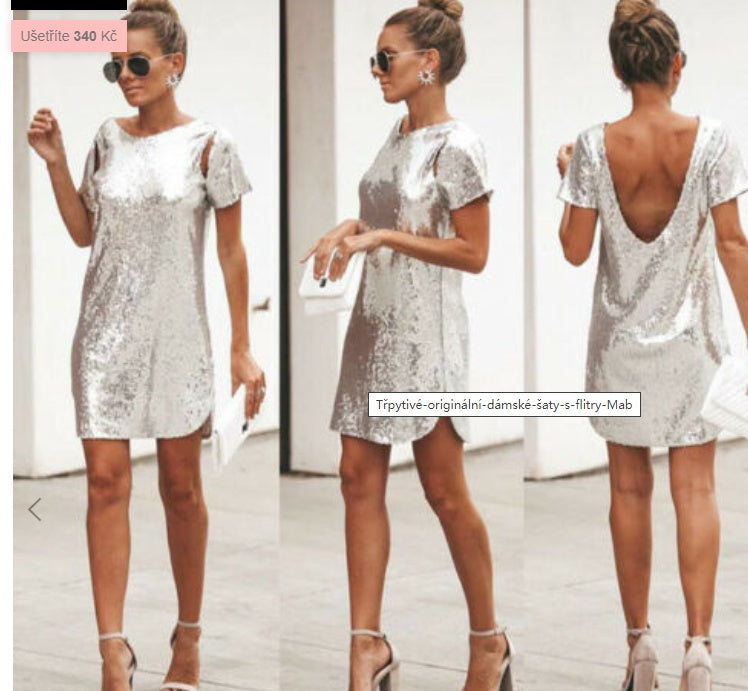 Sequin Slit Short Sleeve Dress