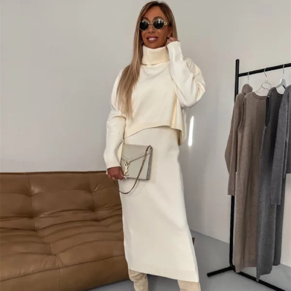 Knit Turtleneck Long-sleeve Sweater And Long Skirt Two-piece Suit