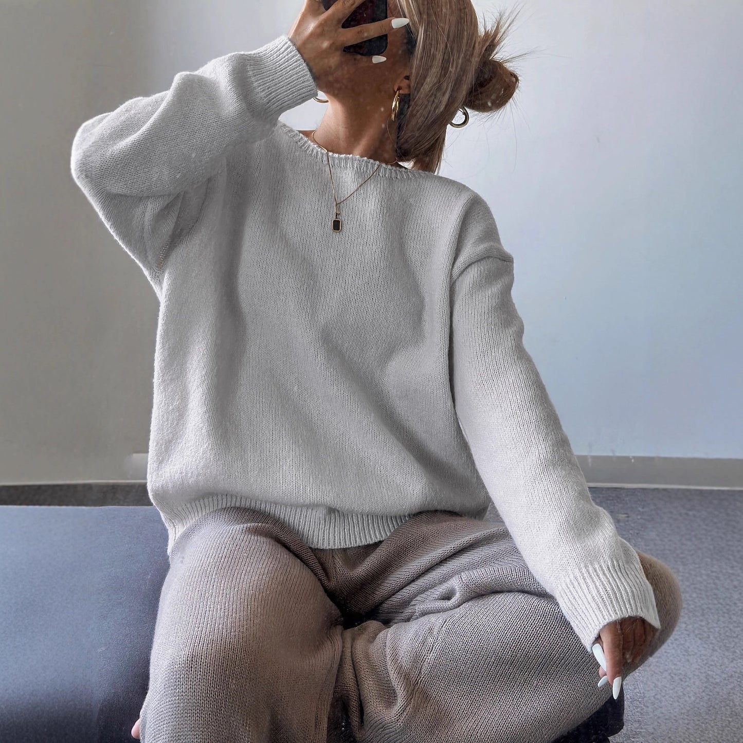 Back V-neck Tie-bow Knit Long-sleeve Sweater