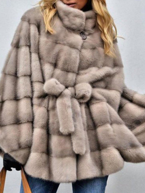 Faux Fur High Collar Belt Cape Jacket