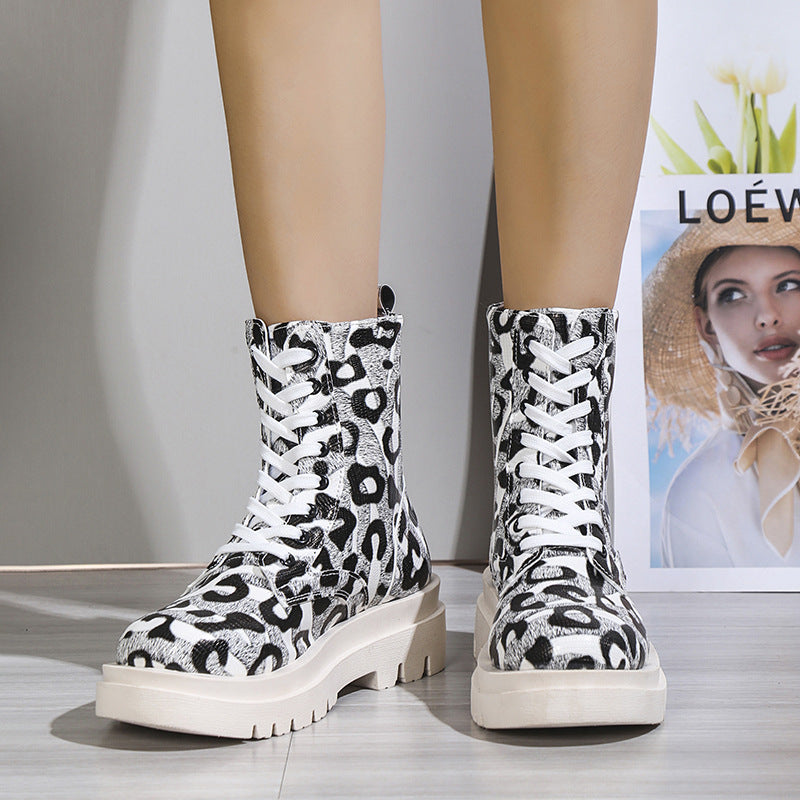 Black White Leopard Print Low Heel Boots