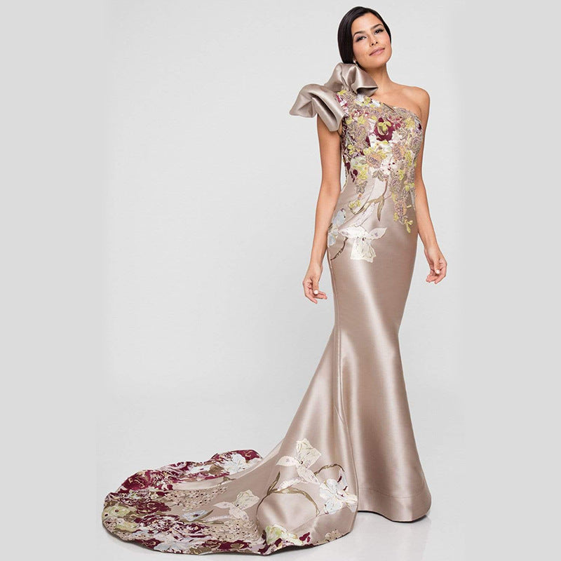 Satin Floral Embroidery Large Tie-Bow One-shoulder Sleeveless Maxi Dress