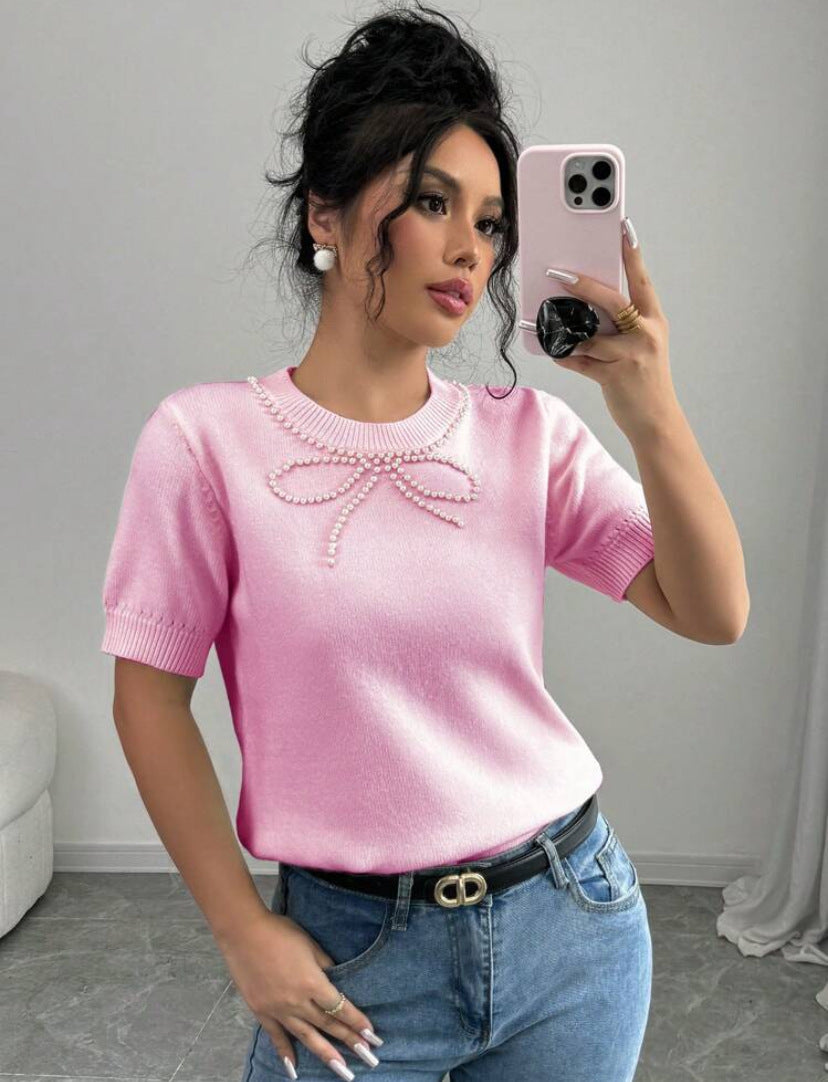 Rhinestone Bow Short Sleeve Slim Top
