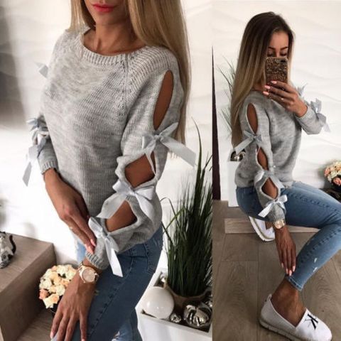 Hollow Bow Long Sleeve Round-neck Sweater