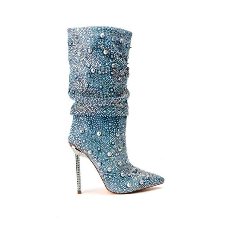 Jewel Embroided Denim High Heel Boots