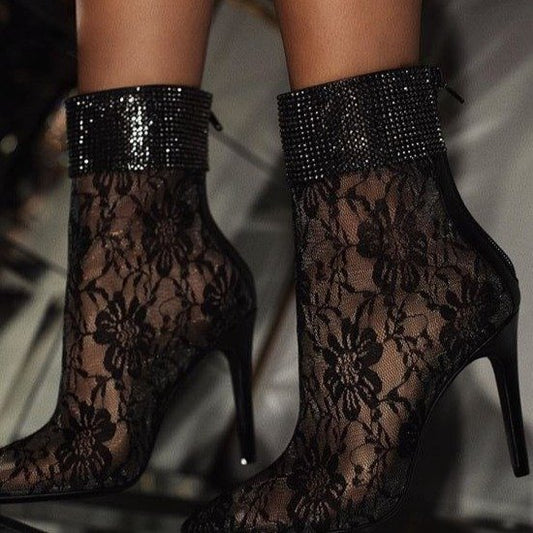 Lace mesh Sequin High Heel Short Boots
