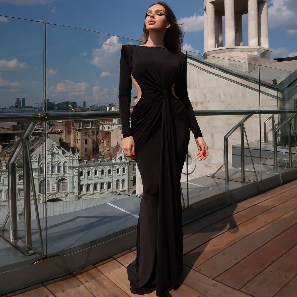 Pleated Hollow Backless Long-sleeve Maxi Dress