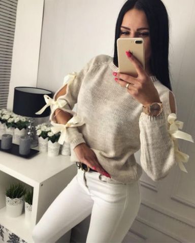 Hollow Bow Long Sleeve Round-neck Sweater
