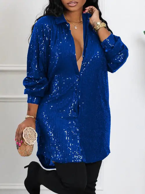 Sequin Long Sleeve Shirt Dress