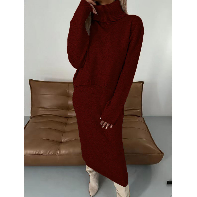 Knit Turtleneck Long-sleeve Sweater And Long Skirt Two-piece Suit