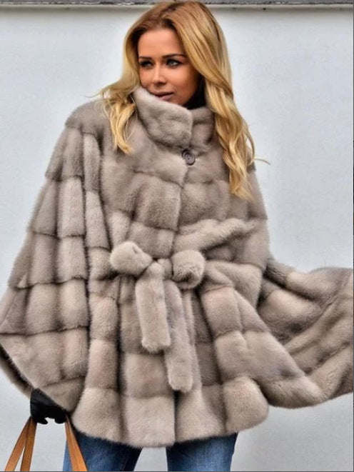 Faux Fur High Collar Belt Cape Jacket