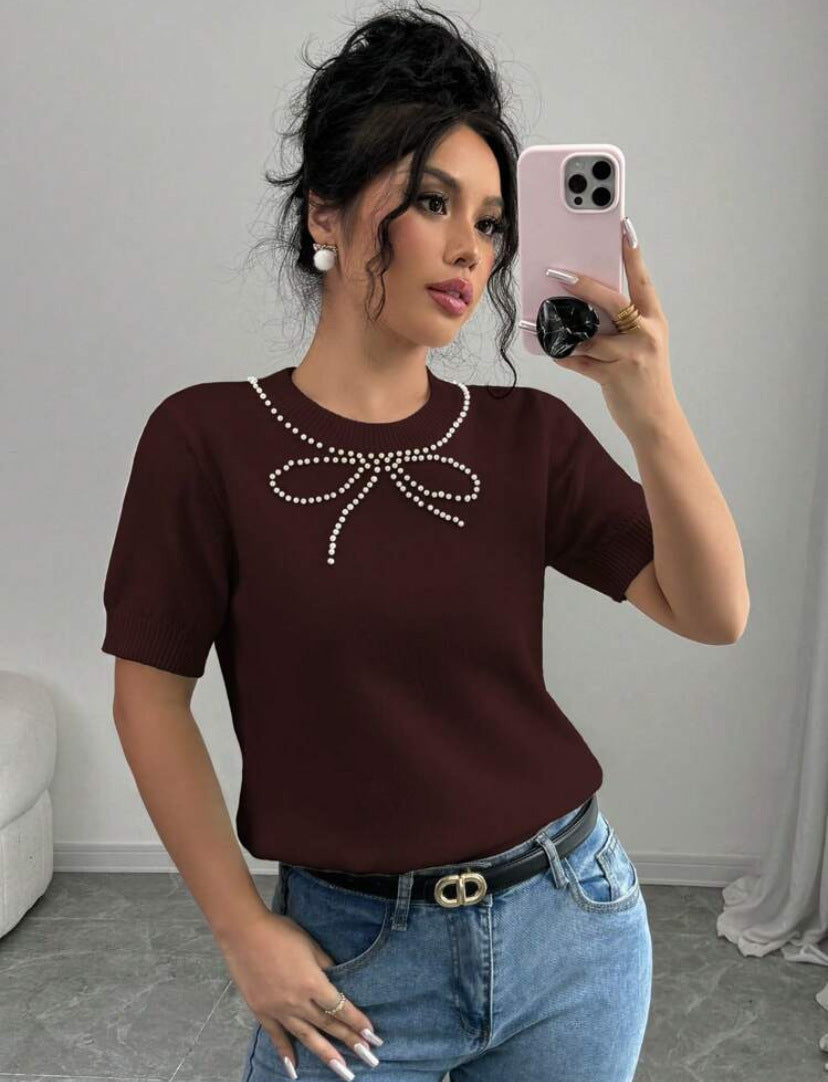 Rhinestone Bow Short Sleeve Slim Top