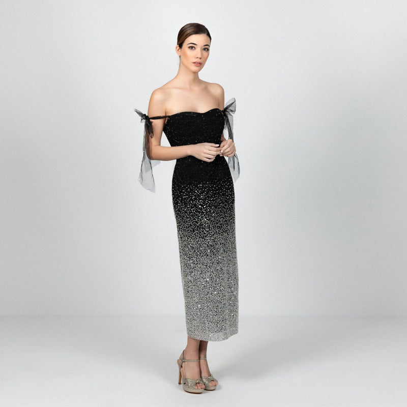 Sequin Off-the-shoulder Tie-Bow Colour-Block  Dress