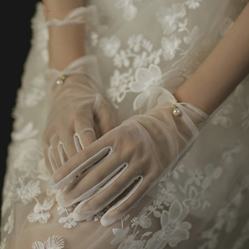 Satin Pearl Lace Bow Short Gloves