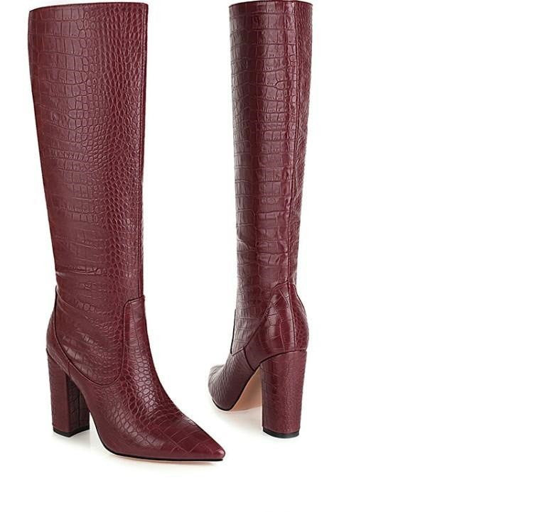 Snake Print Pointed Toe Thick High Heel Boots