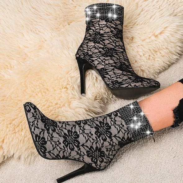 Lace mesh Sequin High Heel Short Boots
