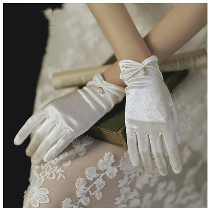 Satin Pearl Lace Bow Short Gloves