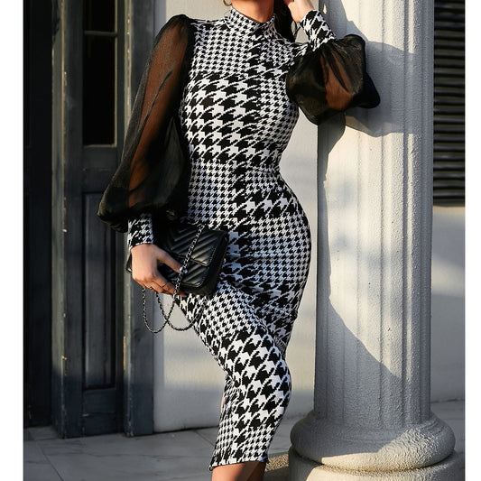 Plaid Puff Mesh Long Sleeve Dress