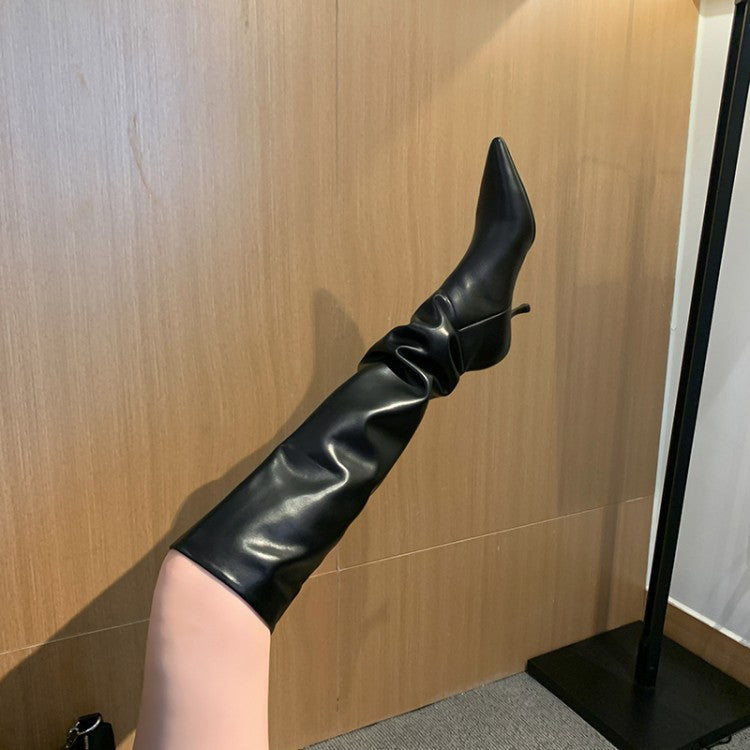 Mid-heel Long PU Leather Boots