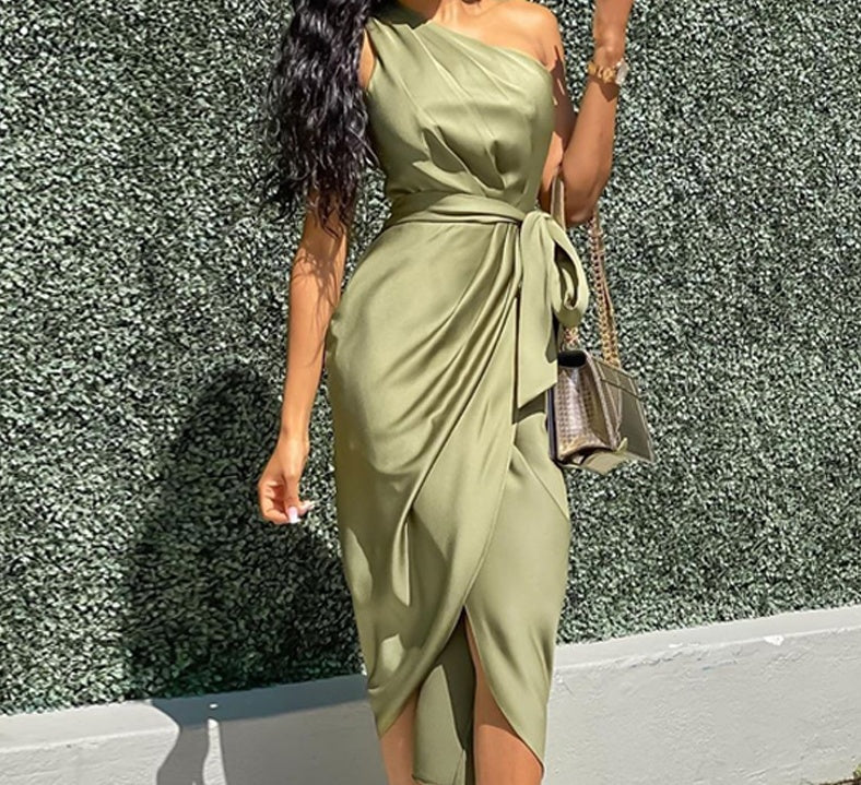 Green Satin One Shoulder Side Bow  Wrap Sleeveless Dress