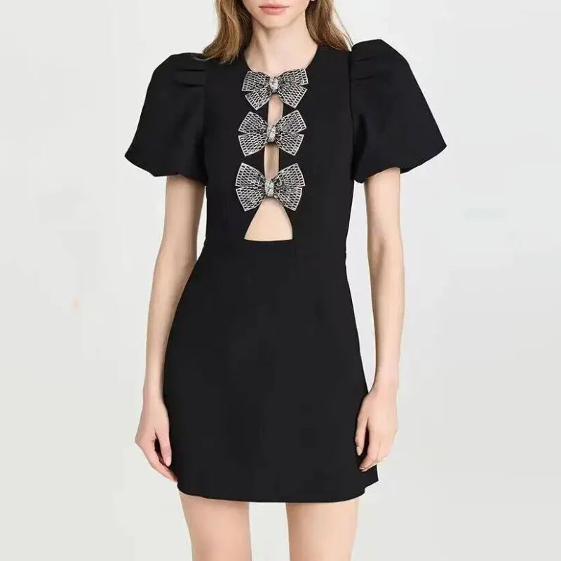 Polka Dot Bow Heart Hollow Puff Short Sleeve Dress
