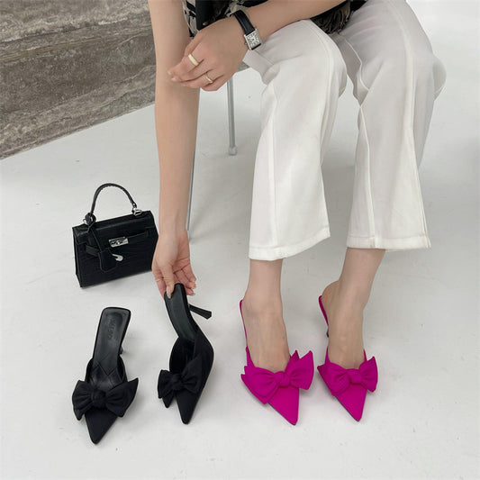 Pointed Toe Bow Slip On Stiletto Heels