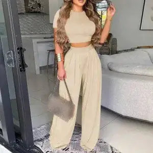 Short Sleeve Shirt  + Wide Leg Trousers Two-piece Set