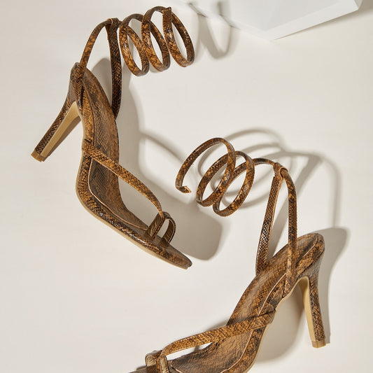Snake Print Snake Wrap High Heel Sandals