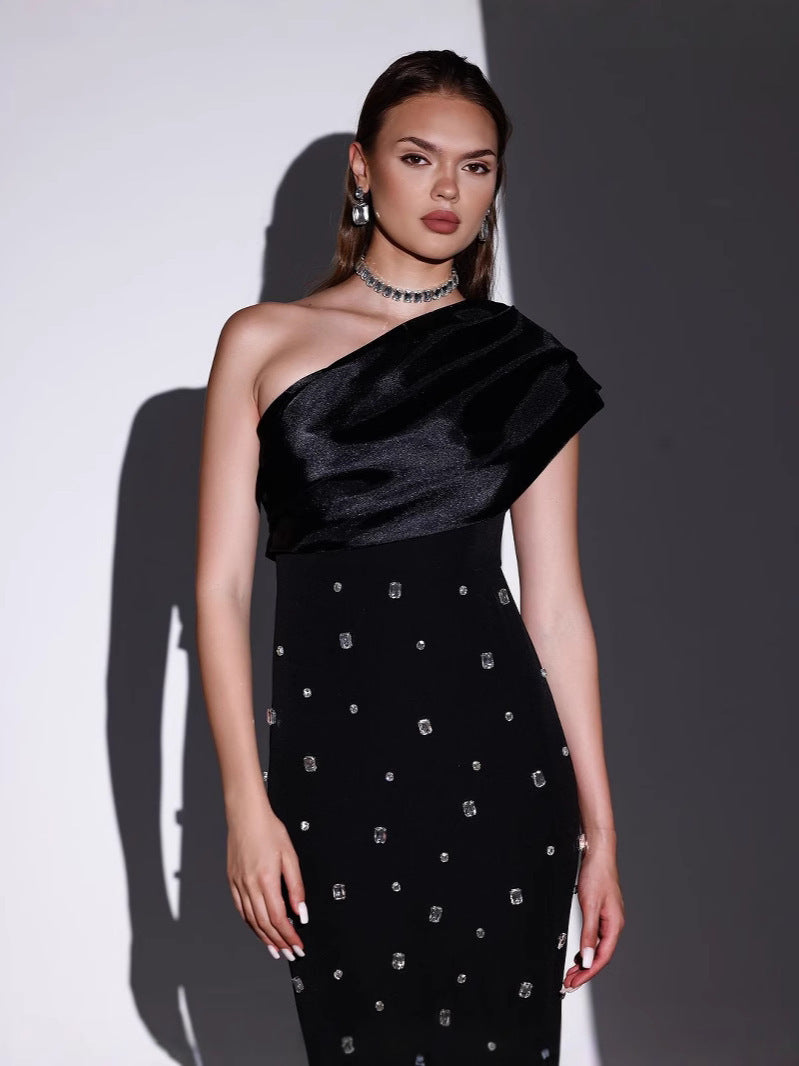 Black Off-the-shoulder Satin Sequin Dress