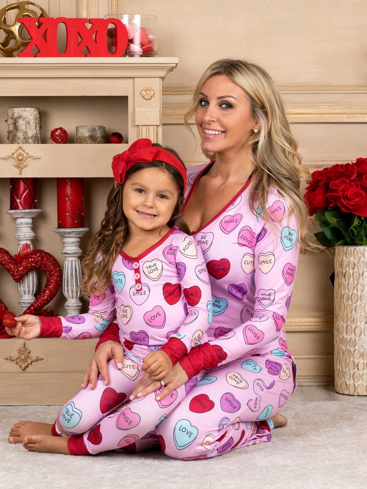 Love Print Casual Home Parent Child Pajamas Set