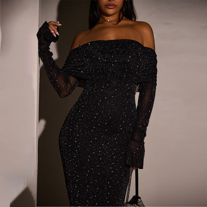 Sequin Off-the-shoulder Maxi Dress